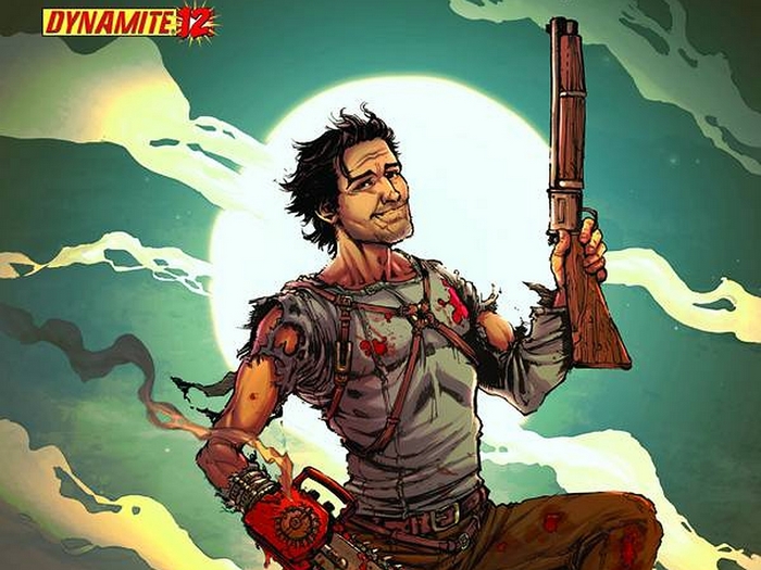 Ash Williams from Dynamite Comics with shotgun and chainsaw