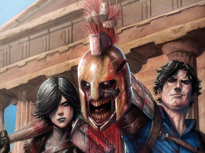 Ash Williams and companions in ancient ruins