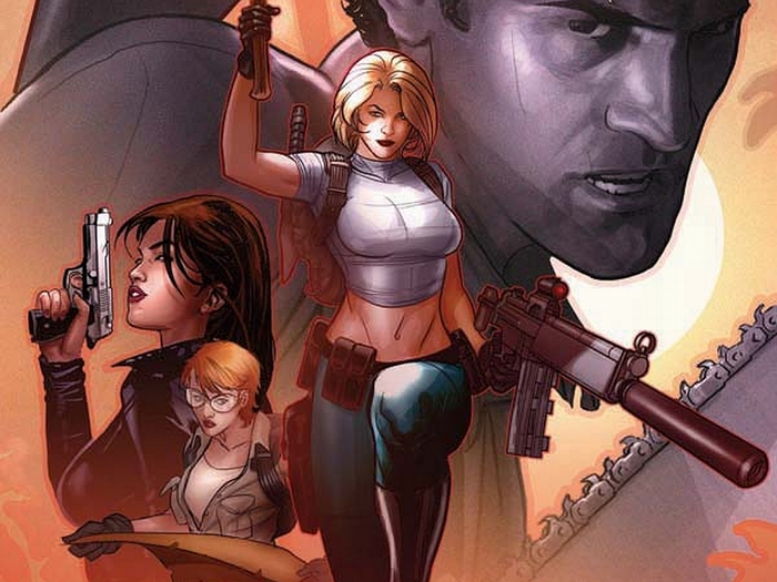 Comic book cover with three women and a man