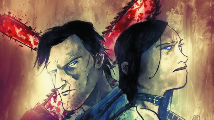 Ash Williams and female companion with chainsaws