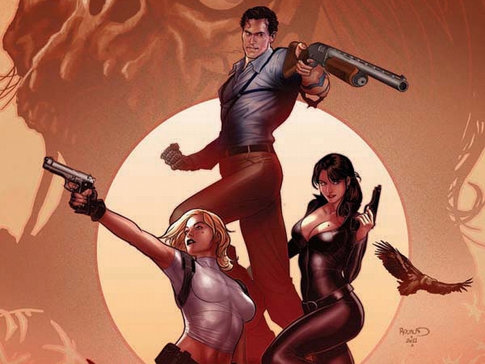 Ash Williams and two women with guns