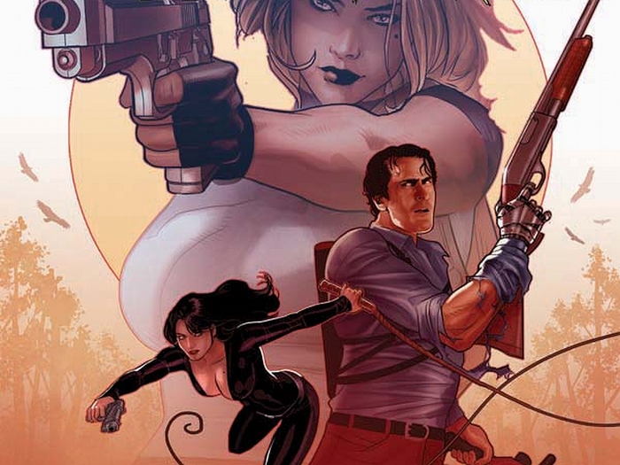 Ash Williams and female characters with guns