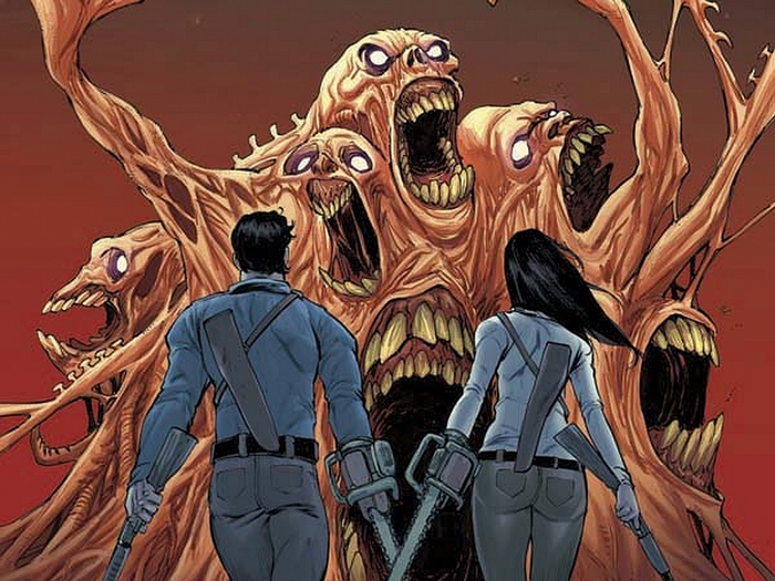 Ash Williams and companion fight a multi-headed monster