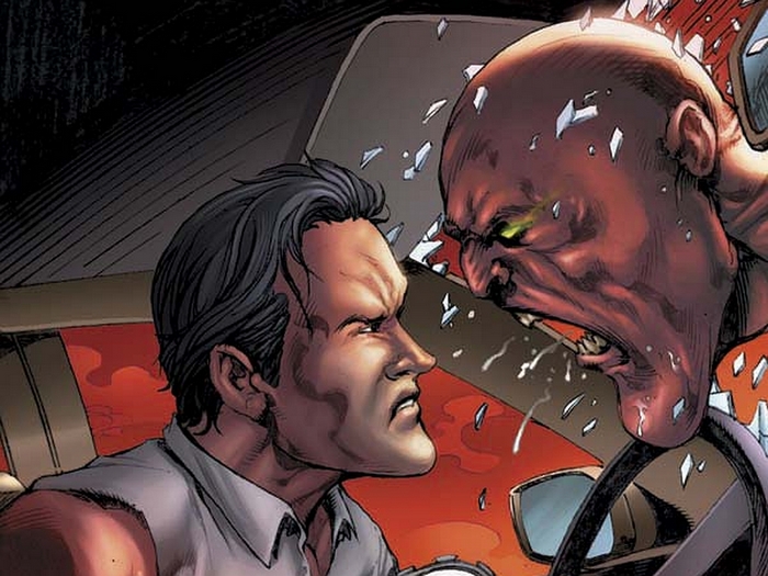 Ash Williams in a car with a red monster