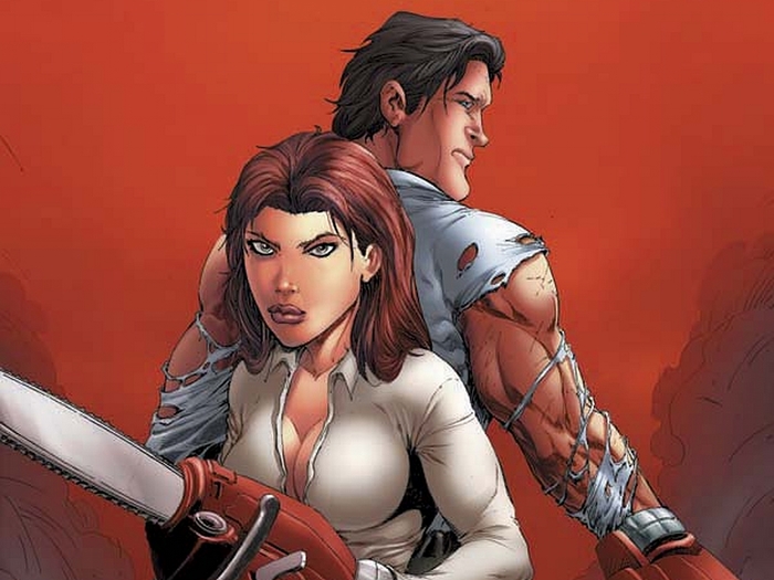 Ash Williams and a woman with a chainsaw