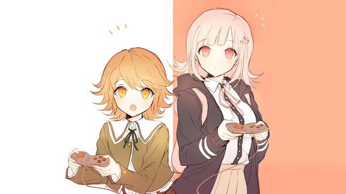 Chiaki Nanami and Chihiro Fujisaki playing video games