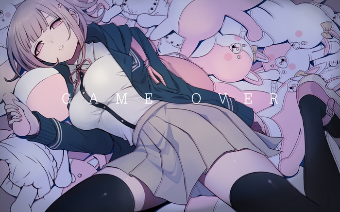 Chiaki Nanami from Danganronpa lying on plush toys