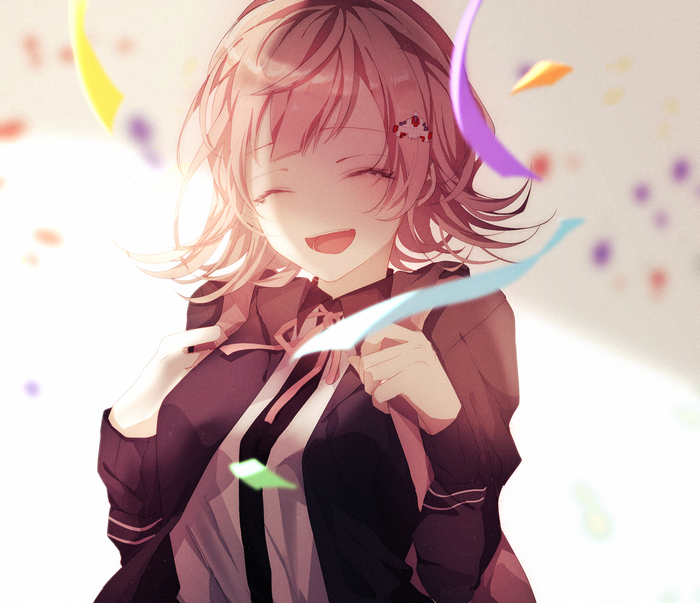 Chiaki Nanami Smiling with Pink Hair and Backpack