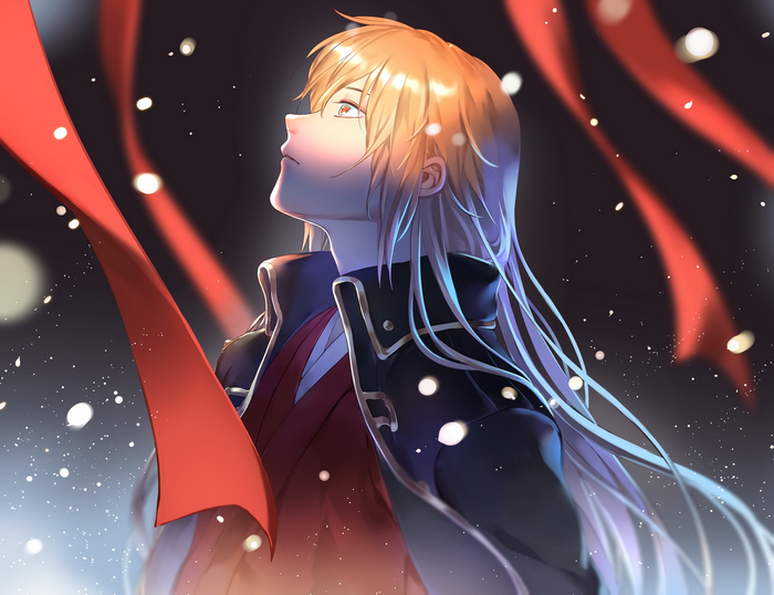 Okita Sougo looking up with red ribbons