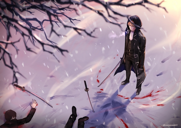 Okita Sougo in a snowy battle with blood