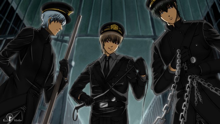 Okita Sougo and two other men in uniform