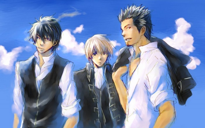 Three men in formal wear against a blue sky