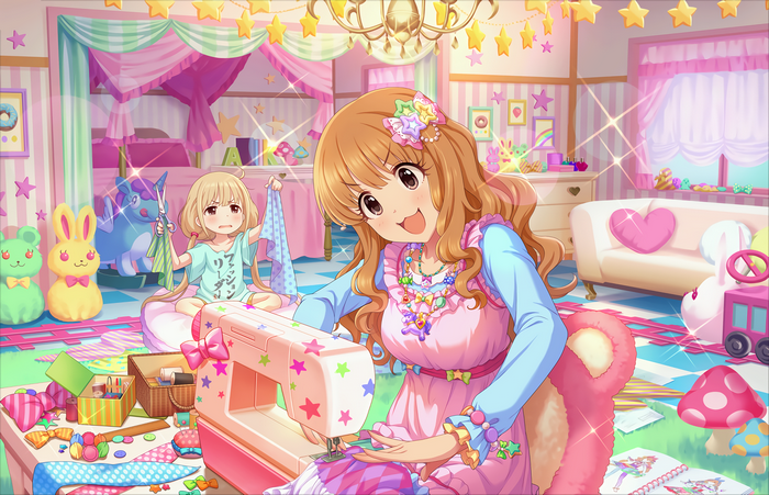 Anzu Futaba sewing in a pink room