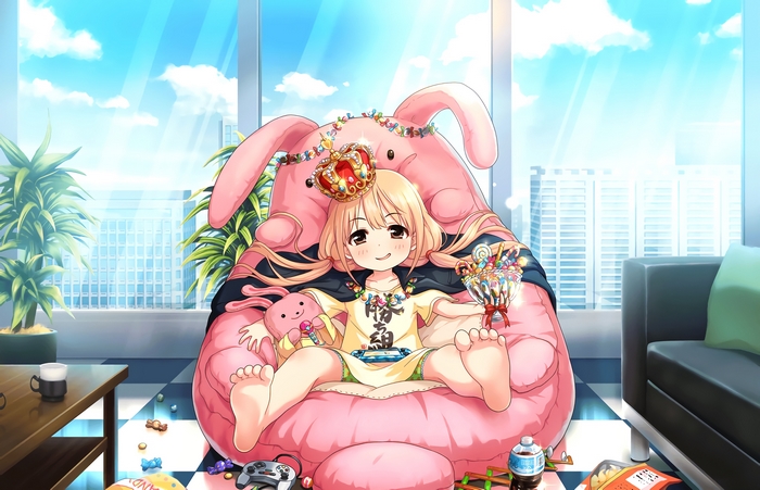 Anzu Futaba sitting on a pink beanbag chair