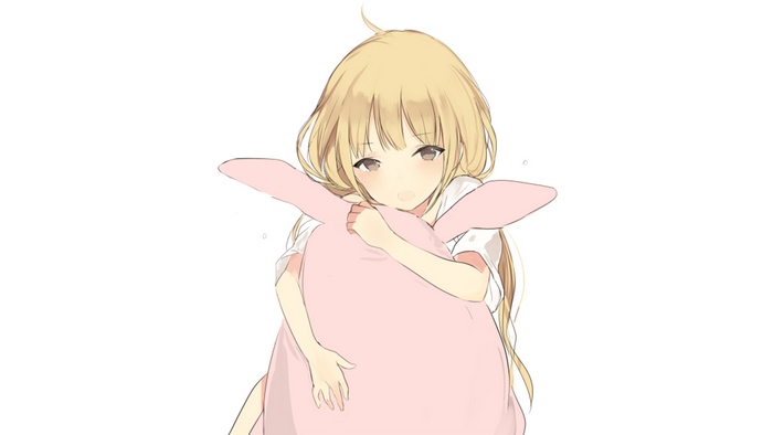 Anzu Futaba hugging a pink plush toy
