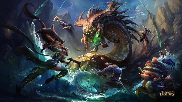 League of Legends characters fighting a sea monster