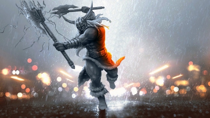 Olaf from League of Legends in the rain