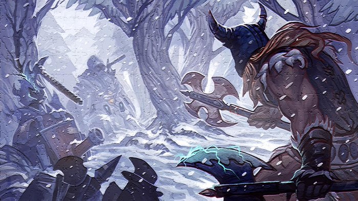 Olaf from League of Legends in a snowy battle