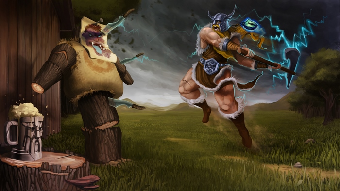 Olaf from League of Legends fighting a wooden dummy