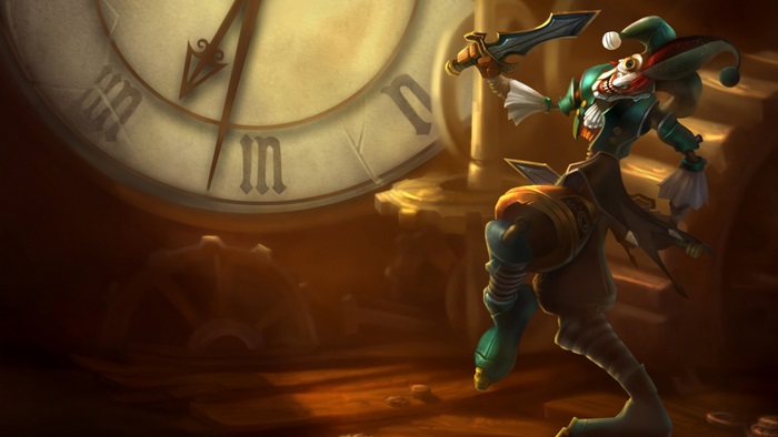 Shaco from League of Legends with a clock background