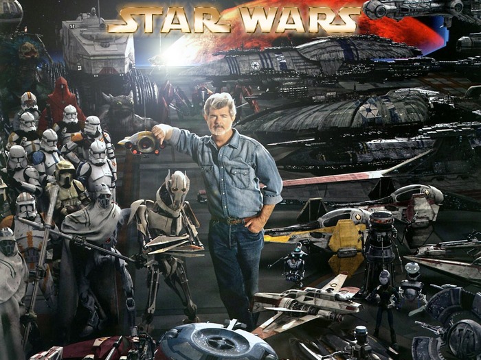 George Lucas with Star Wars characters and ships