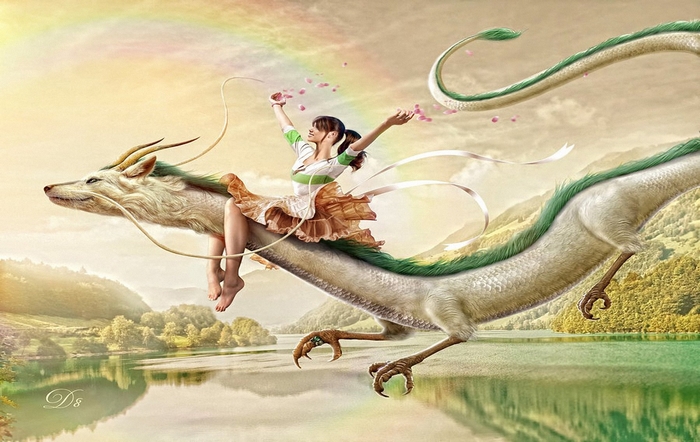 Chihiro riding Haku the dragon