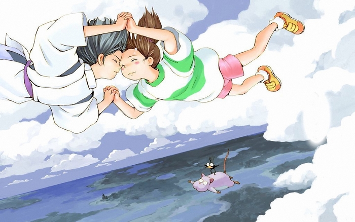 Chihiro and Haku from Spirited Away flying