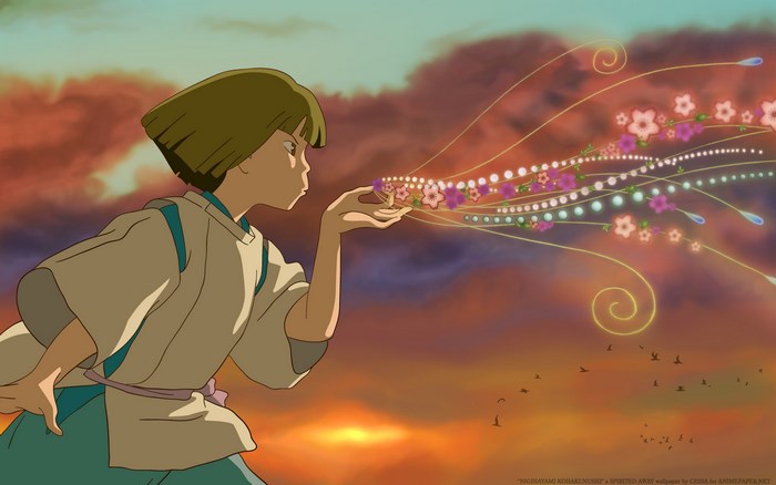 Chihiro from Spirited Away blowing flowers