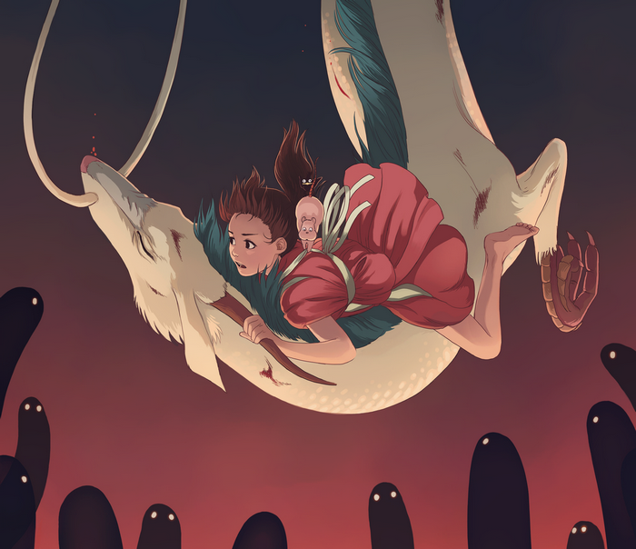Chihiro riding Haku from Spirited Away