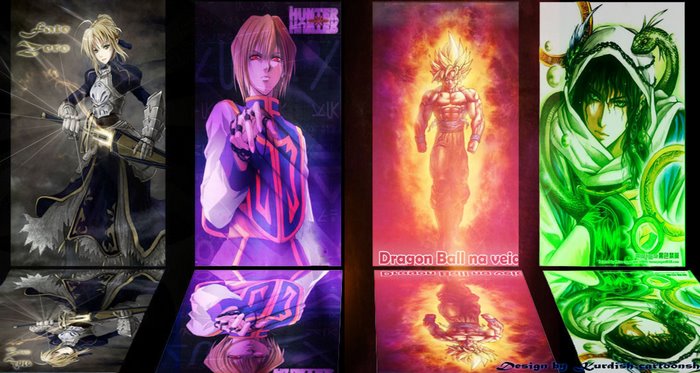 Saber from Fate/Zero, Kurapika from Hunter x Hunter, Goku from Dragon Ball, and a character from an anime.