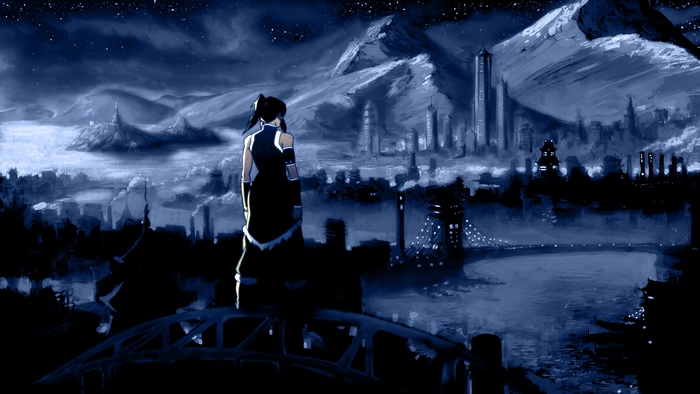 Korra overlooking a futuristic city at night