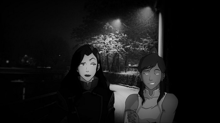 Korra and Asami in a snowy night
