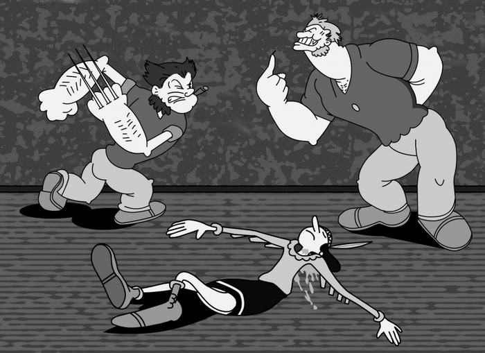 Wolverine and Popeye fight over a fallen Pinocchio