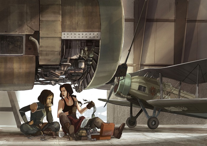 Korra and Asami working on an airplane engine