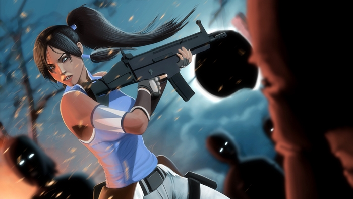 Korra with a rifle fighting shadowy figures