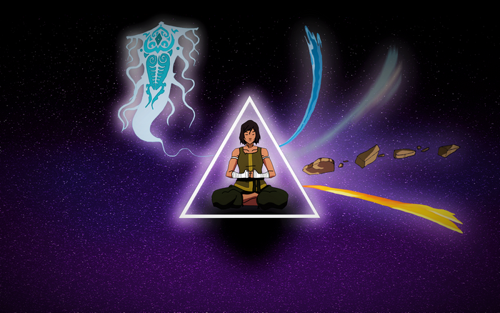 Korra meditating with elemental spirits