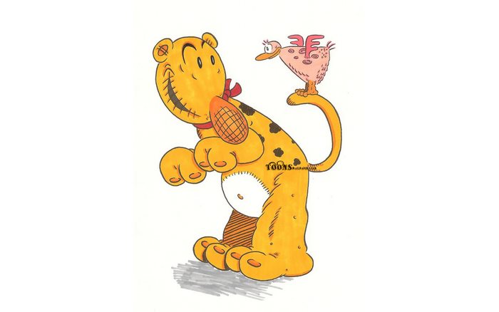 Cartoon dog with a bird on its tail