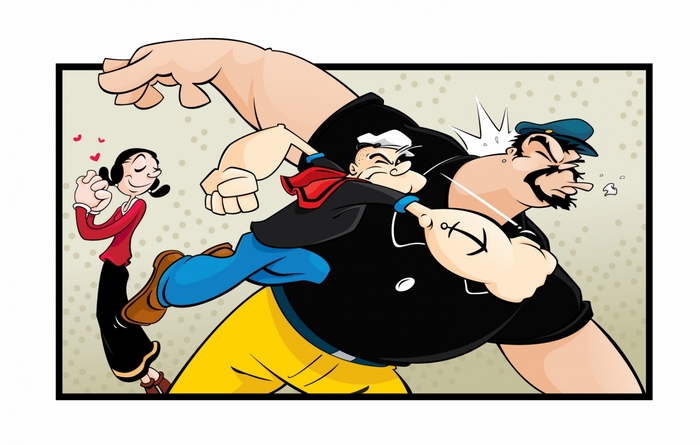 Popeye punching Bluto with Olive Oyl watching