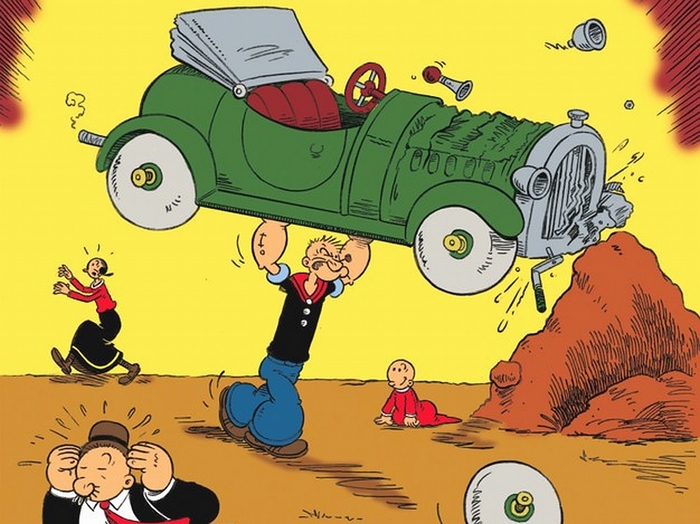 Popeye lifting a car with Olive Oyl and Swee'Pea nearby