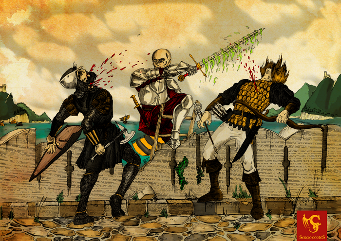 Skeleton warrior fighting two men by the sea