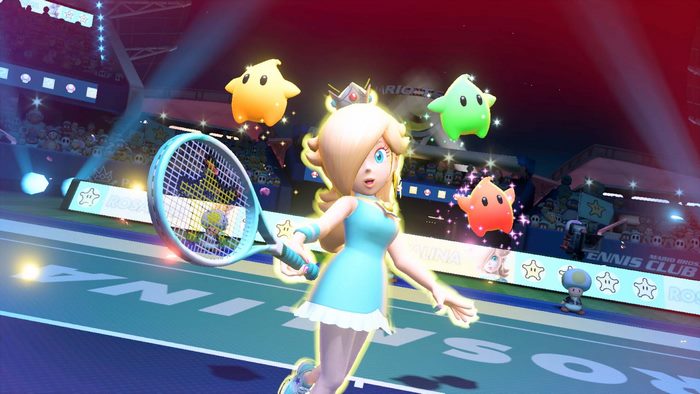 Rosalina from Super Mario playing tennis with Lumas
