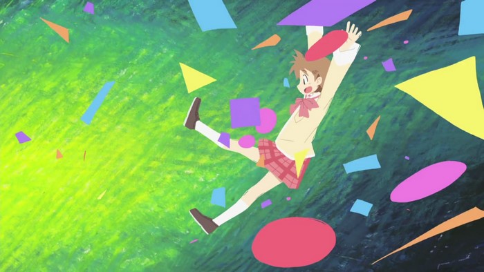 Yuuko Aioi jumping with confetti