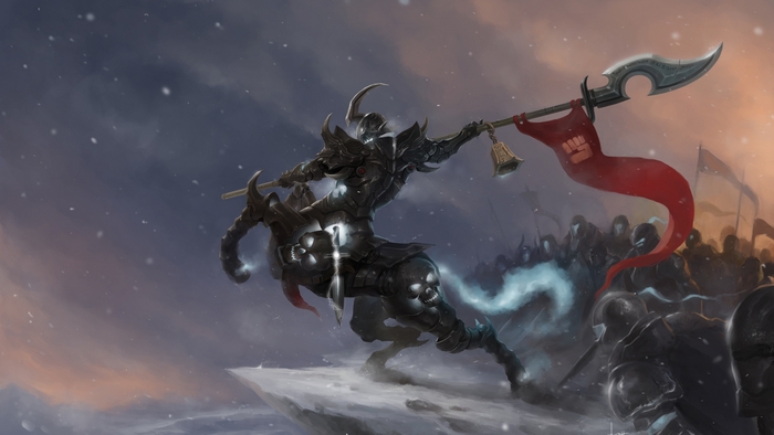 Hecarim from League of Legends on a snowy battlefield