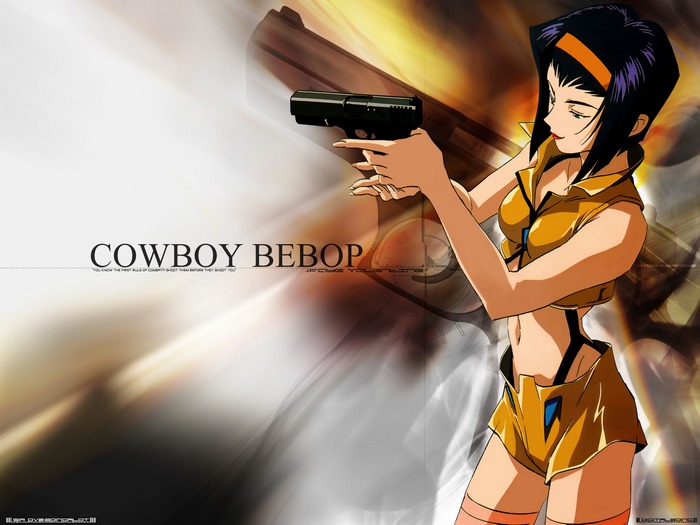 Faye Valentine from Cowboy Bebop holding a gun