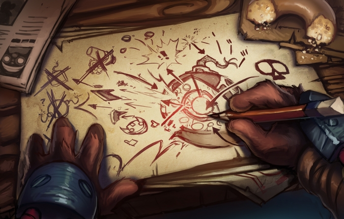 Ziggs from League of Legends sketching bomb designs
