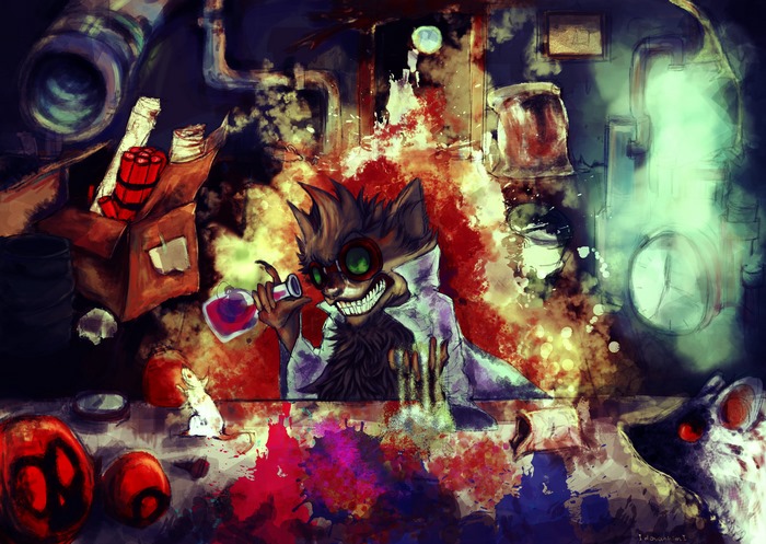 Ziggs from League of Legends in a laboratory