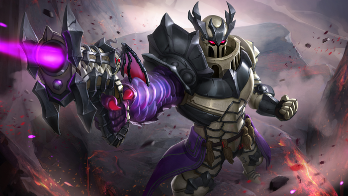 Androxus from Paladins firing a purple energy blast