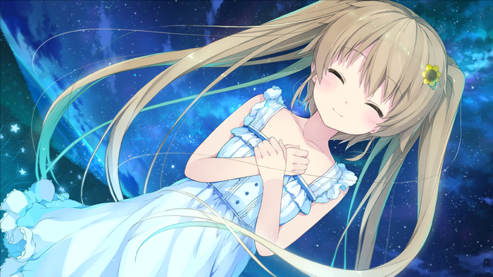 Mashiro Arisaka in a blue dress against a starry sky