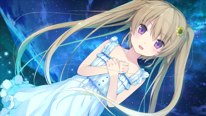 Mashiro Arisaka in a blue dress against a starry sky