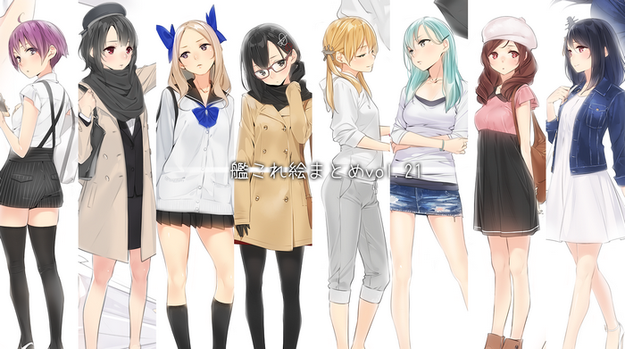 Group of anime girls in casual and school outfits